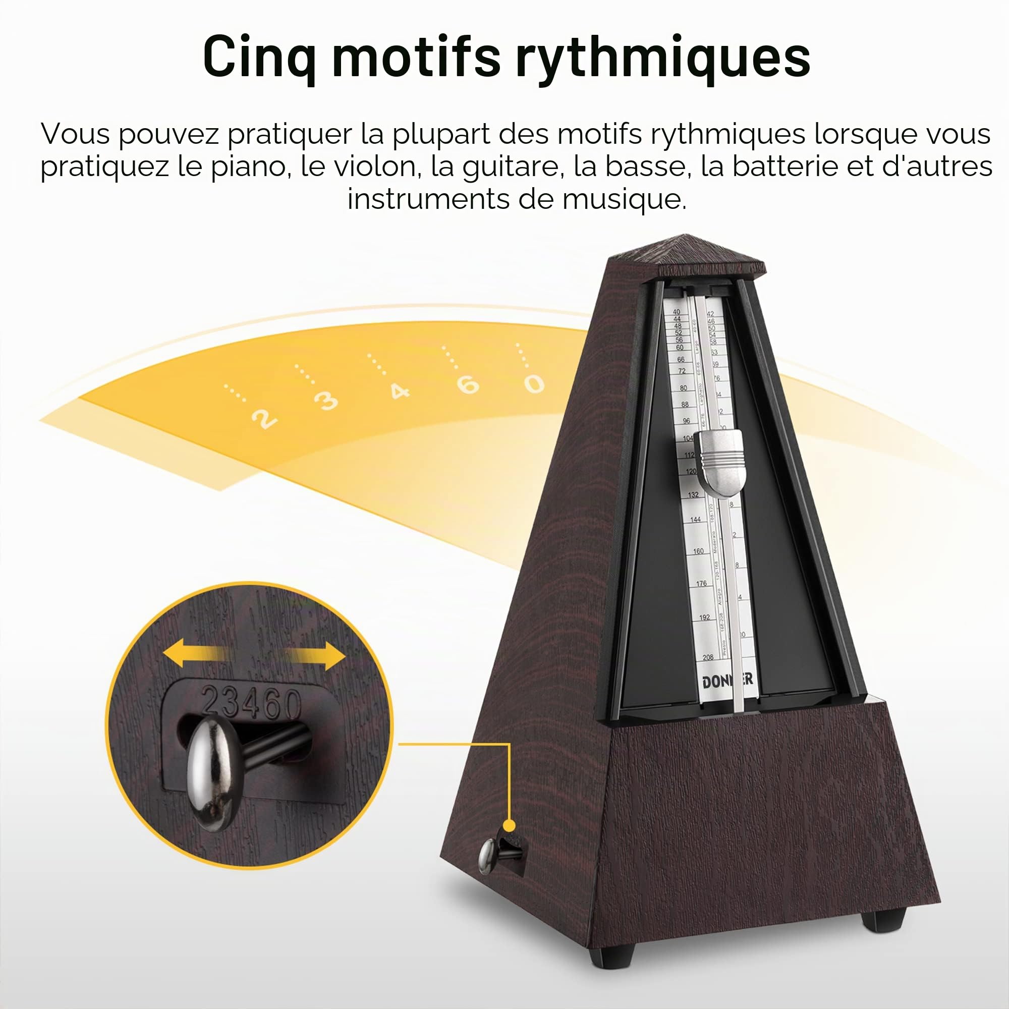 Donner Métronome Mécanique pour Piano Guitare Basse Ukulélé Violon Batterie Tambour Saxophone Trompette et Autres Instruments de Musique, Piste Tempo et Beat, Son Fort, DPM-1, Marron