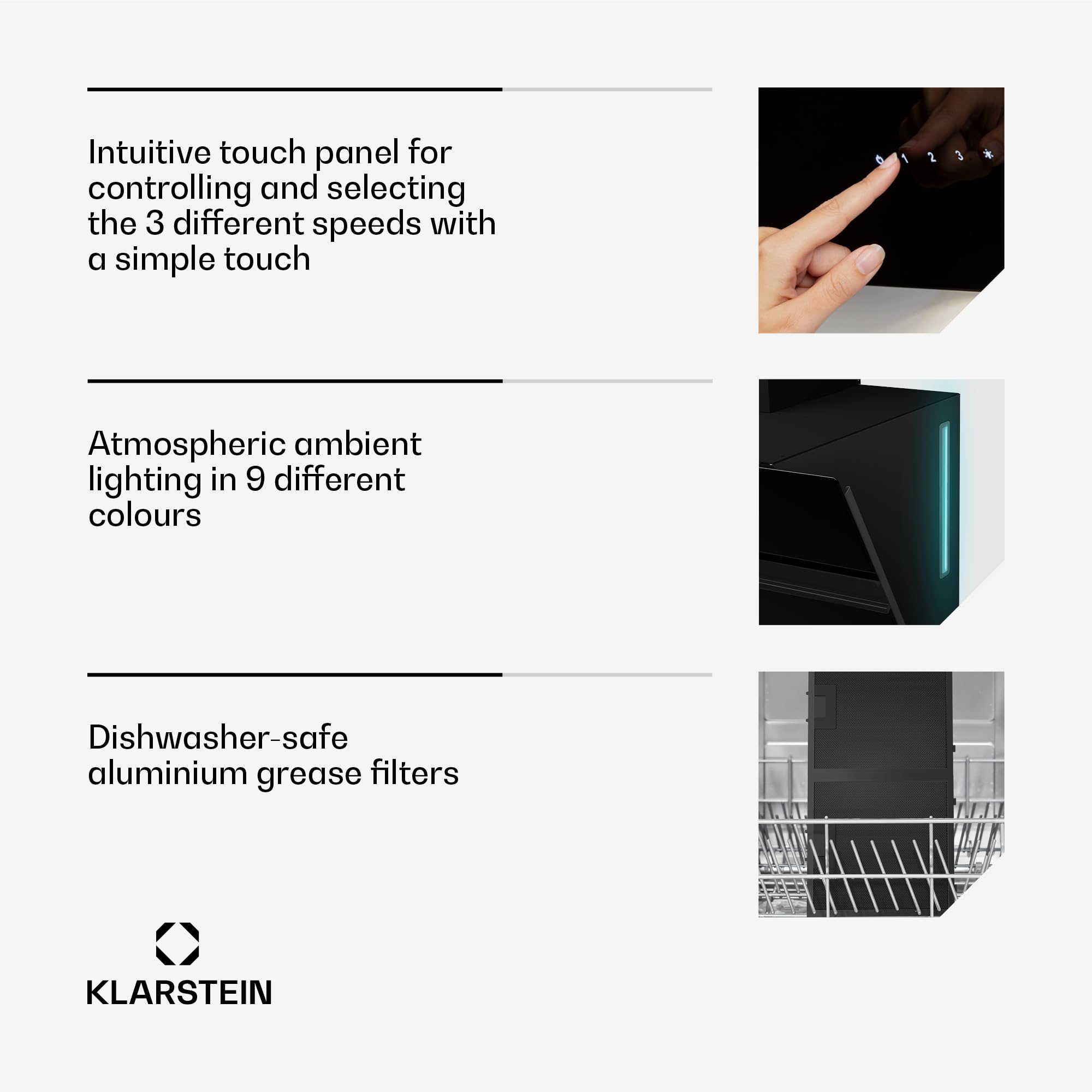 Klarstein Alina Okap kuchenny przyścienny – 90 cm, przepływ 615 m³/h, sterowanie dotykowe, klasa energetyczna A, podświetlenie LED w 9 kolorach, cichy 54 dB, czarny, opcja recyrkulacji