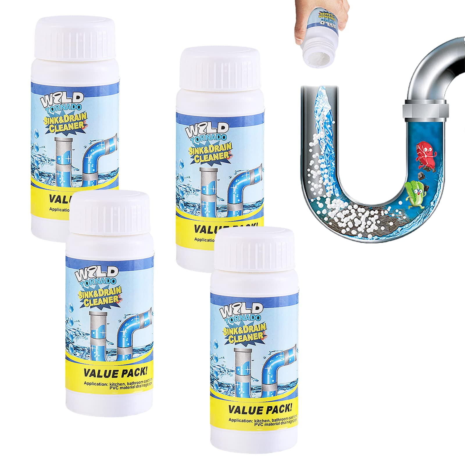 Powerful Sink & Drain Cleaner, Pipe Dredge Deodorant, Powerful Drain Blockage Cleaner Sink Cleaner Powder, for Kitchen Toilet Pipes Dredging (4Pcs)