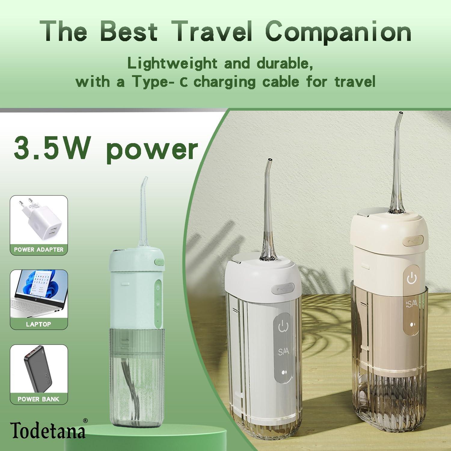 Púa dental dental de agua: irrigador oral inalámbrico portátil con modo de pulverización puntual, tanque de agua expandible desmontable y espejo pequeño, adecuado para viajes (blanco)