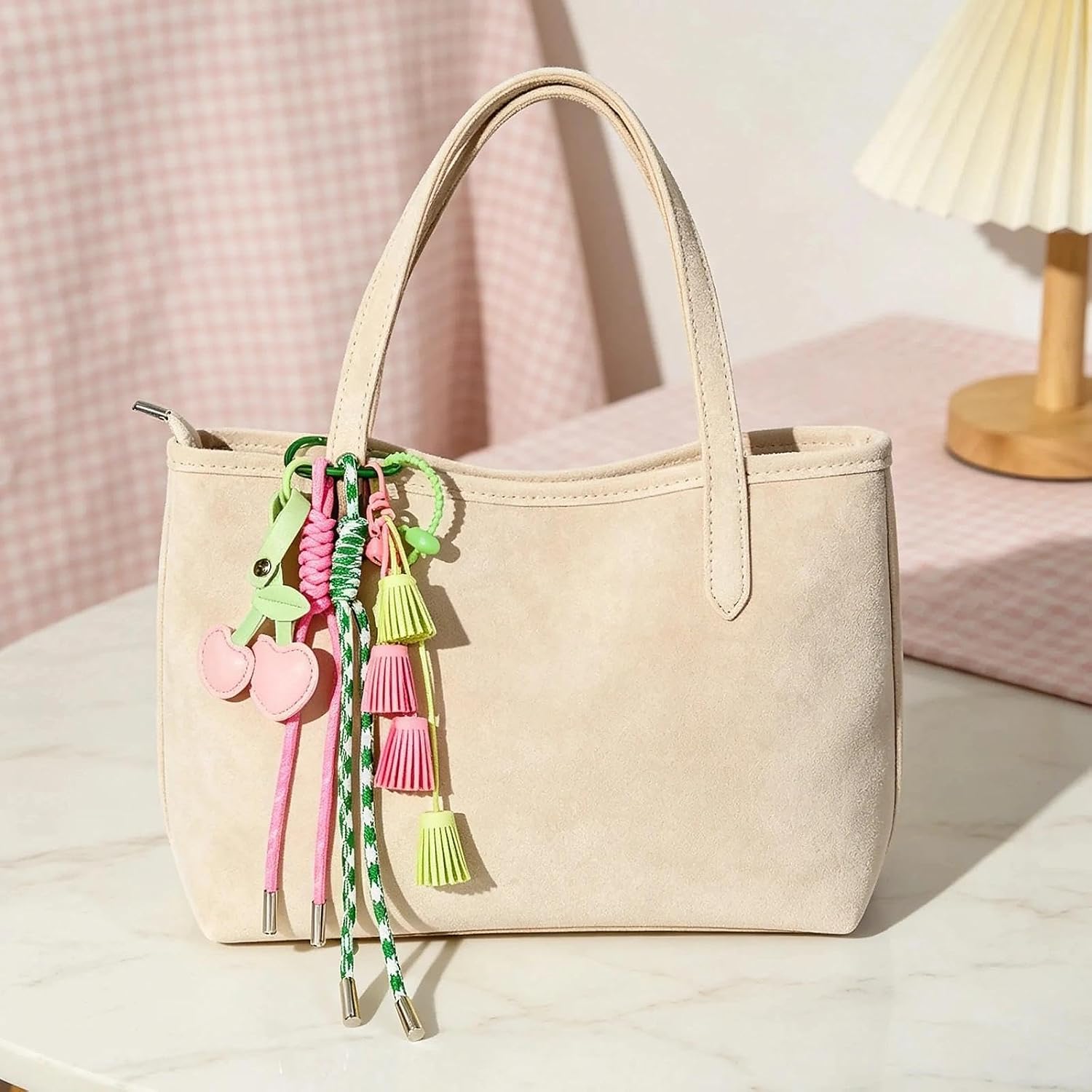 Keychain for Women, Pink Green Bag Charm, Hand-Woven Nylon Rope Key Chain, Aesthetic Keychain, Bag Accessories Charms for Handbag, Backpack