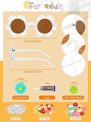 Miniatura 2 de Tigeen 10 pares de lentes de sol de flores para adultos de 5.71 pulgadas, gafas de protección UV con 50 dijes de margaritas, 200 cuentas de letras