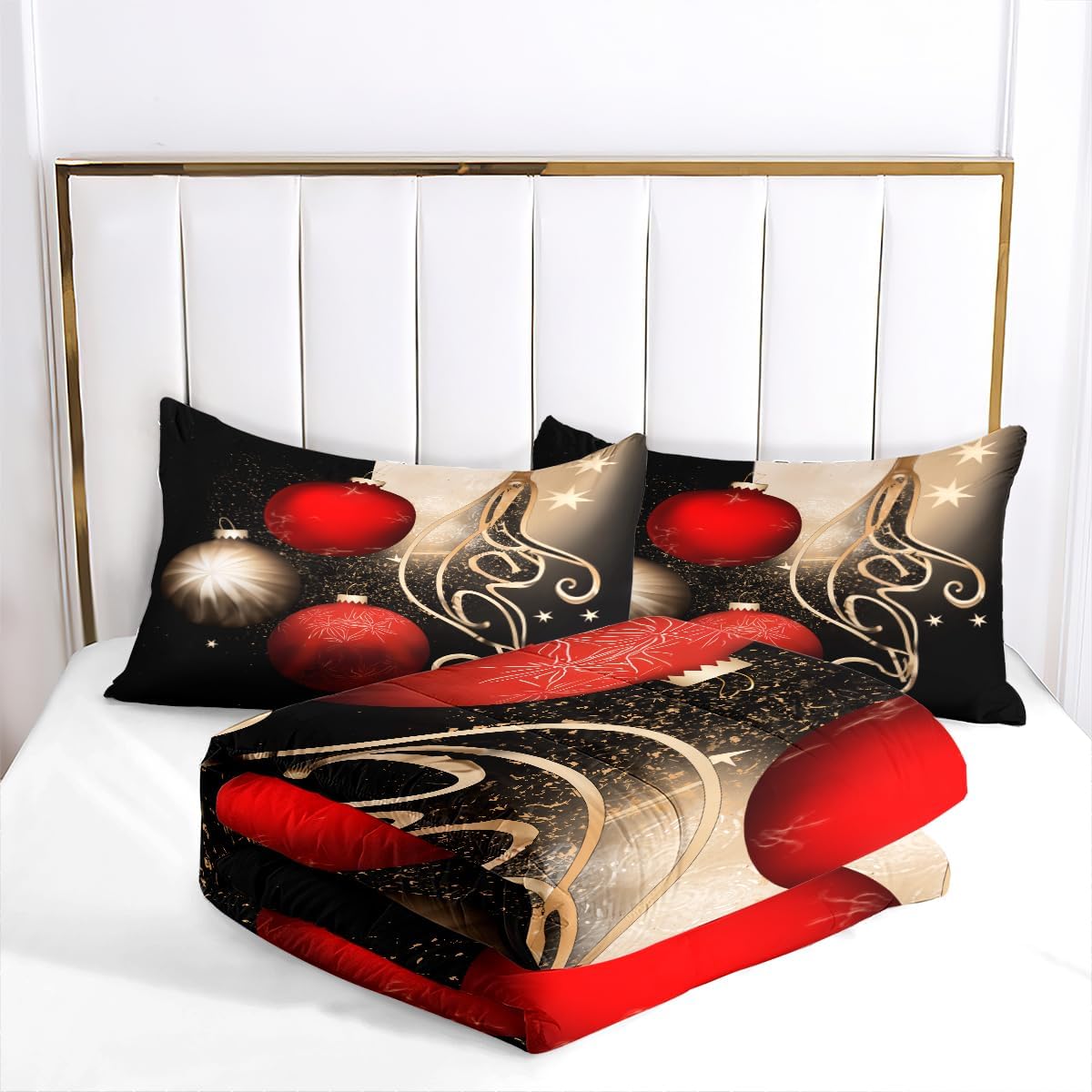 Christmas Comforter Set King Size, Black Gold Bedding Set for Adult,Merry Christmas Festival Comforter,3Pices Soft Microfiber Comforter with 2 Pillowcases