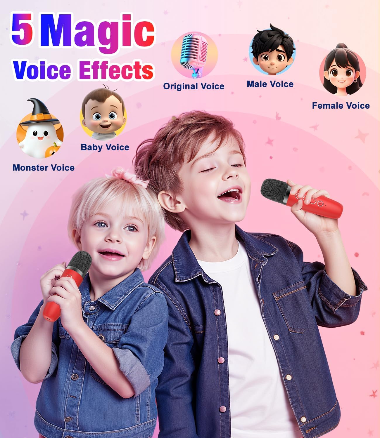 Mini Karaoke Machine, Portable Bluetooth Speaker with 2 Wireless Microphones for Kids & Adults, Karaoke Microphone with LED Lights, Gifts for Girls & Boys_Red - Image 4