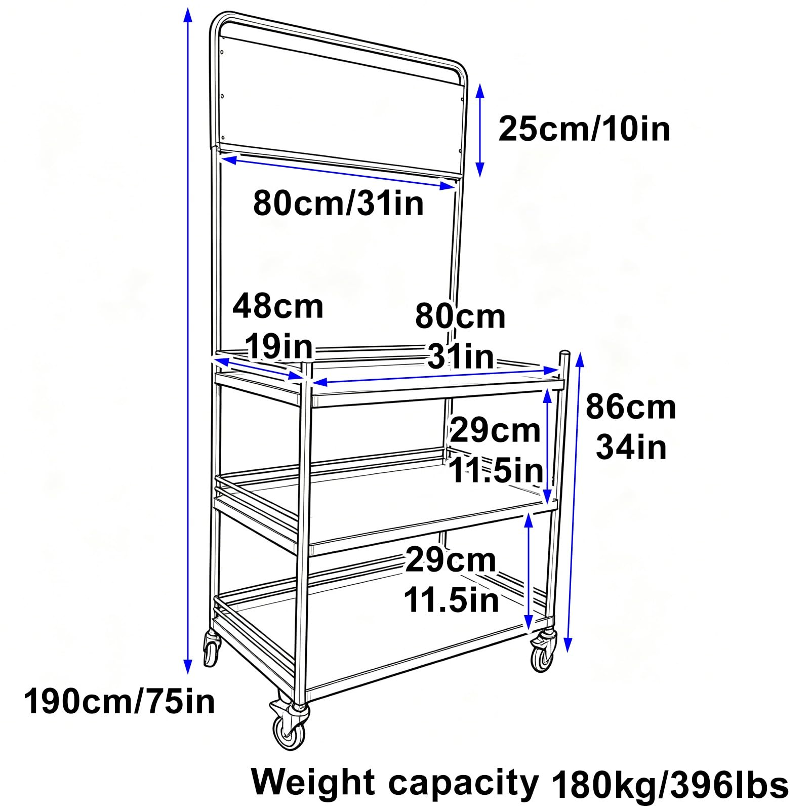 Carrello Ambulante Pieghevole per Bancarella, Telaio in Acciaio Inox con Portata 180kg, Espositore Mobile per Mercato Supermercato(80x48x190cm/31x19x75in)