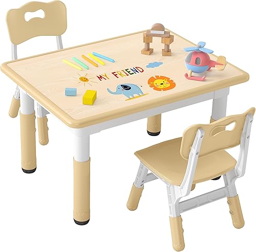 Juego de mesa y 2 sillas para niños, mesa y sillas para niños pequeños de altura ajustable con escritorio de graffiti, 31.5 pulgadas de largo x 23.6