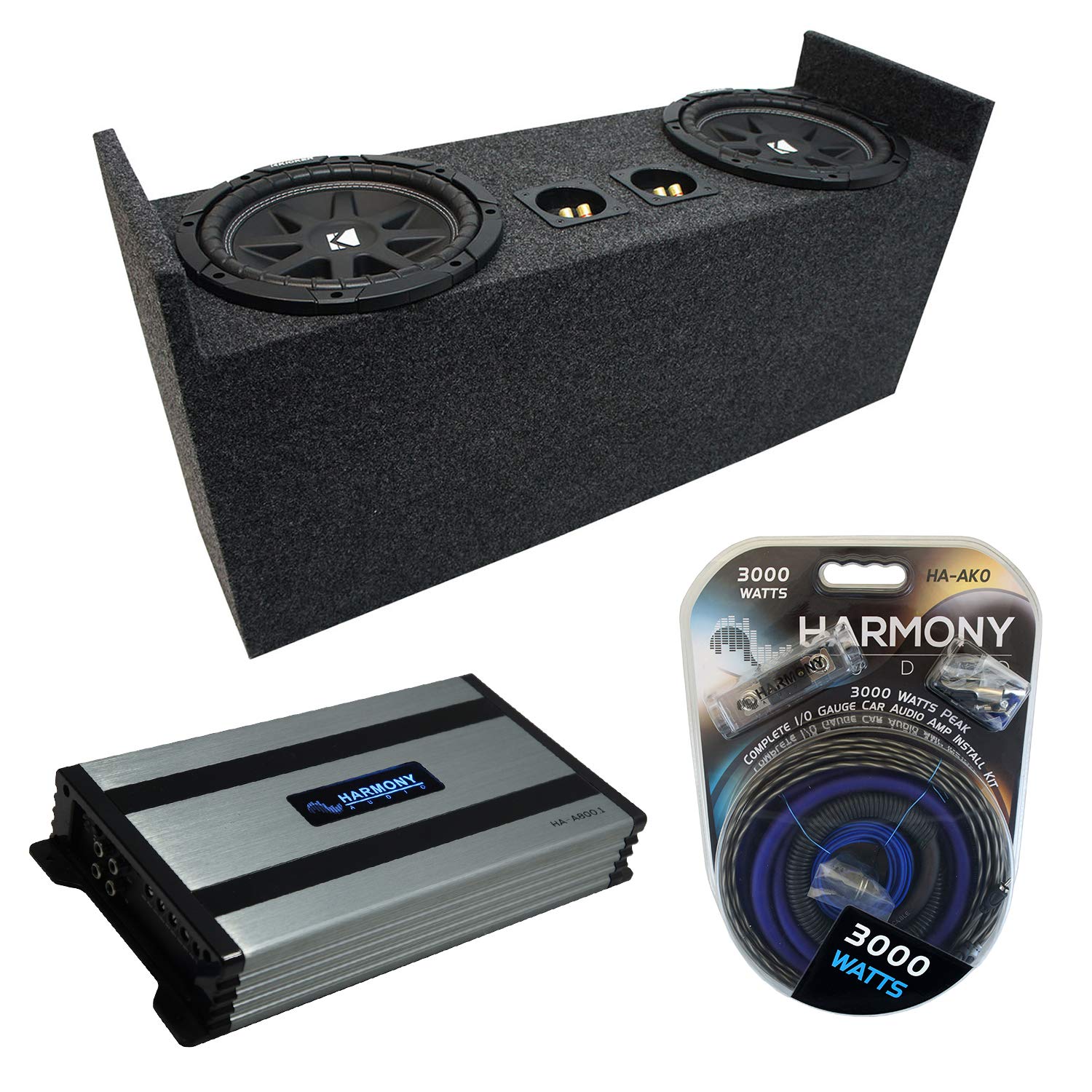 Harmony Audio HA-A800.1 Compatible with Jeep Wrangler YJ TJ 1987-06 Car Stereo Class D Mono 1600W Sub Amp, 43C104-N 10" Comp C10 Series Sub and JEEP2X10 Custom Dual Enclosure Box