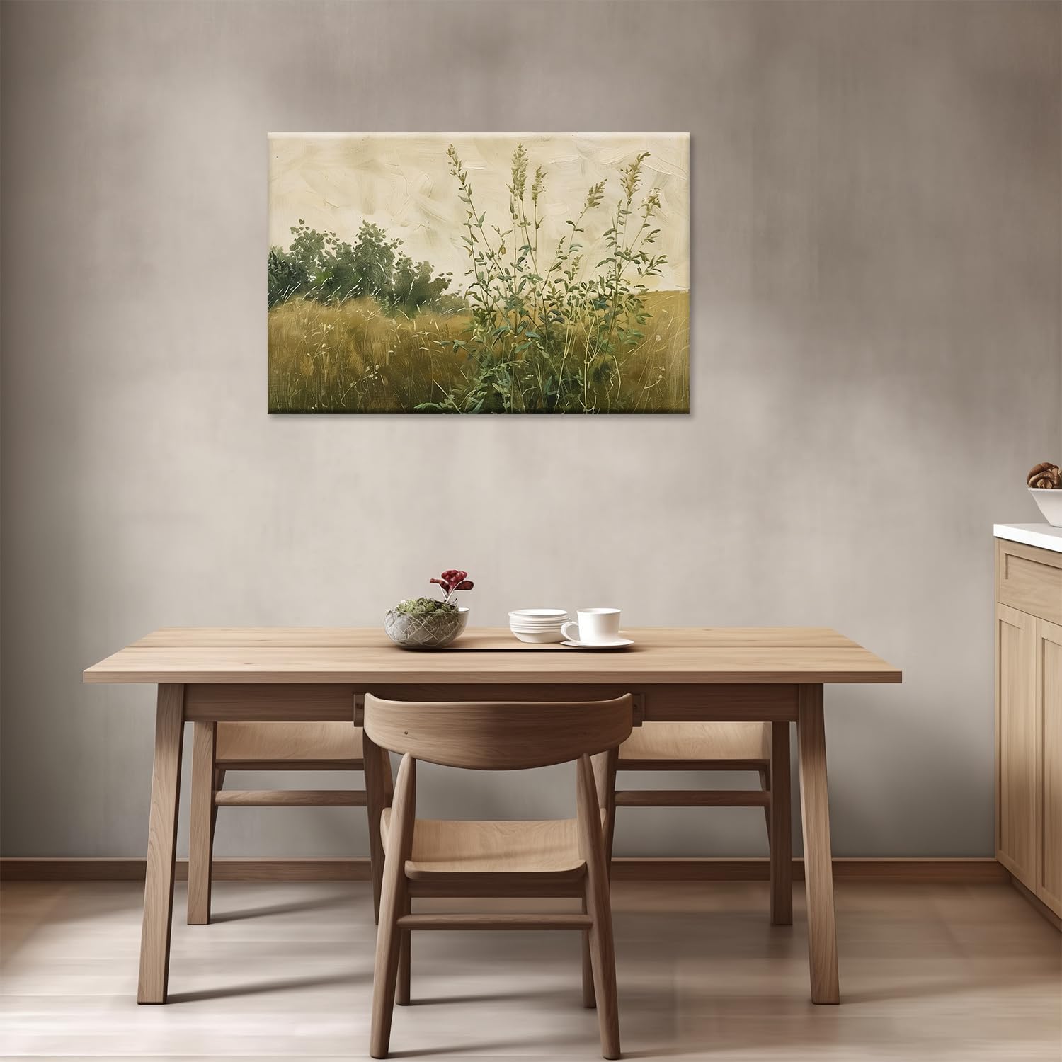 Spring Landscape Canvas Wall Art, Wild Grass in the Wilderness Painting Poster Print Vintage Rustic Countryside Nature Landscape Painting Picture for Living Room Bedroom Decor(Artwork-01, 18"x12")