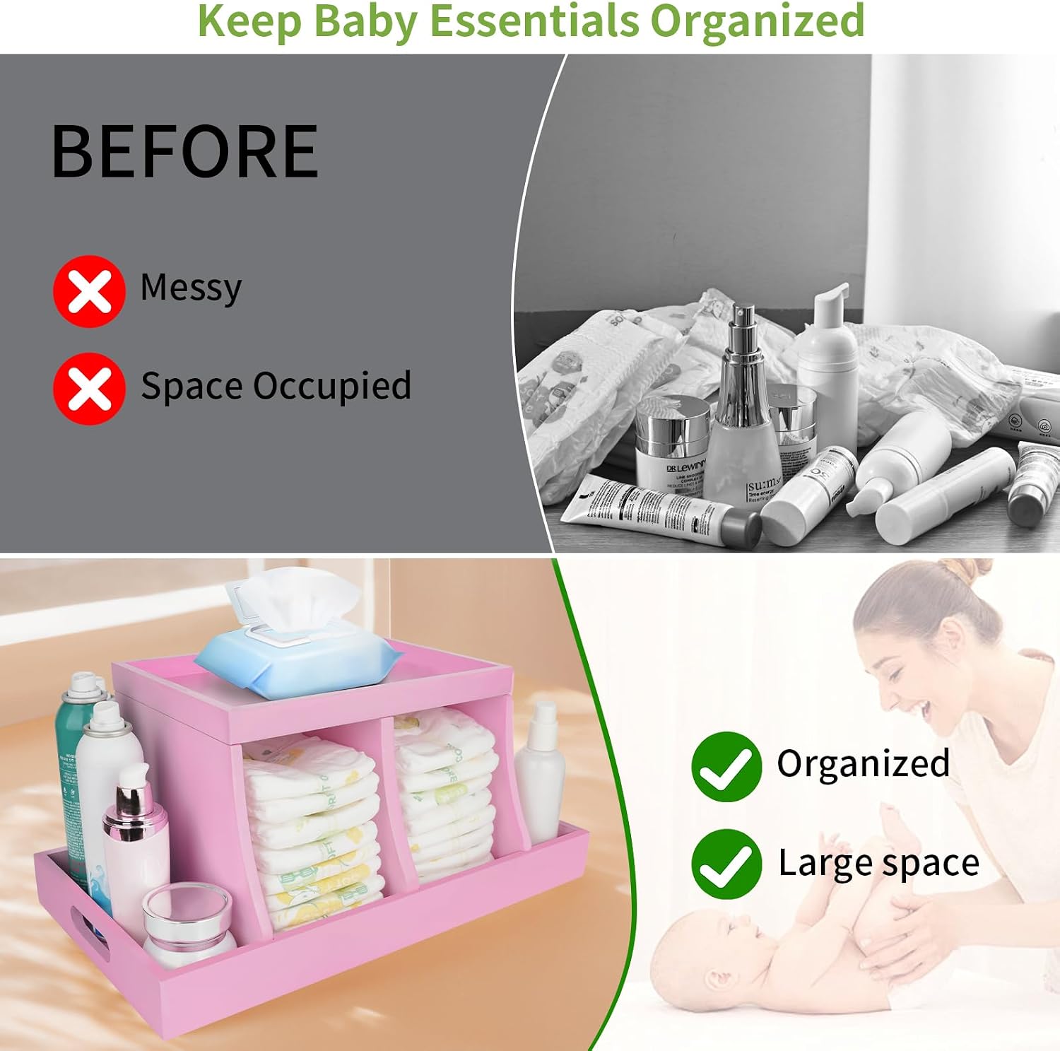 Diaper Caddy Organizer, Changing Table Organizer, Wooden Diaper Organizer for Nursery, Baby Diaper Storage Organizer with Removable Dividers (Pink, Rectangular Size)