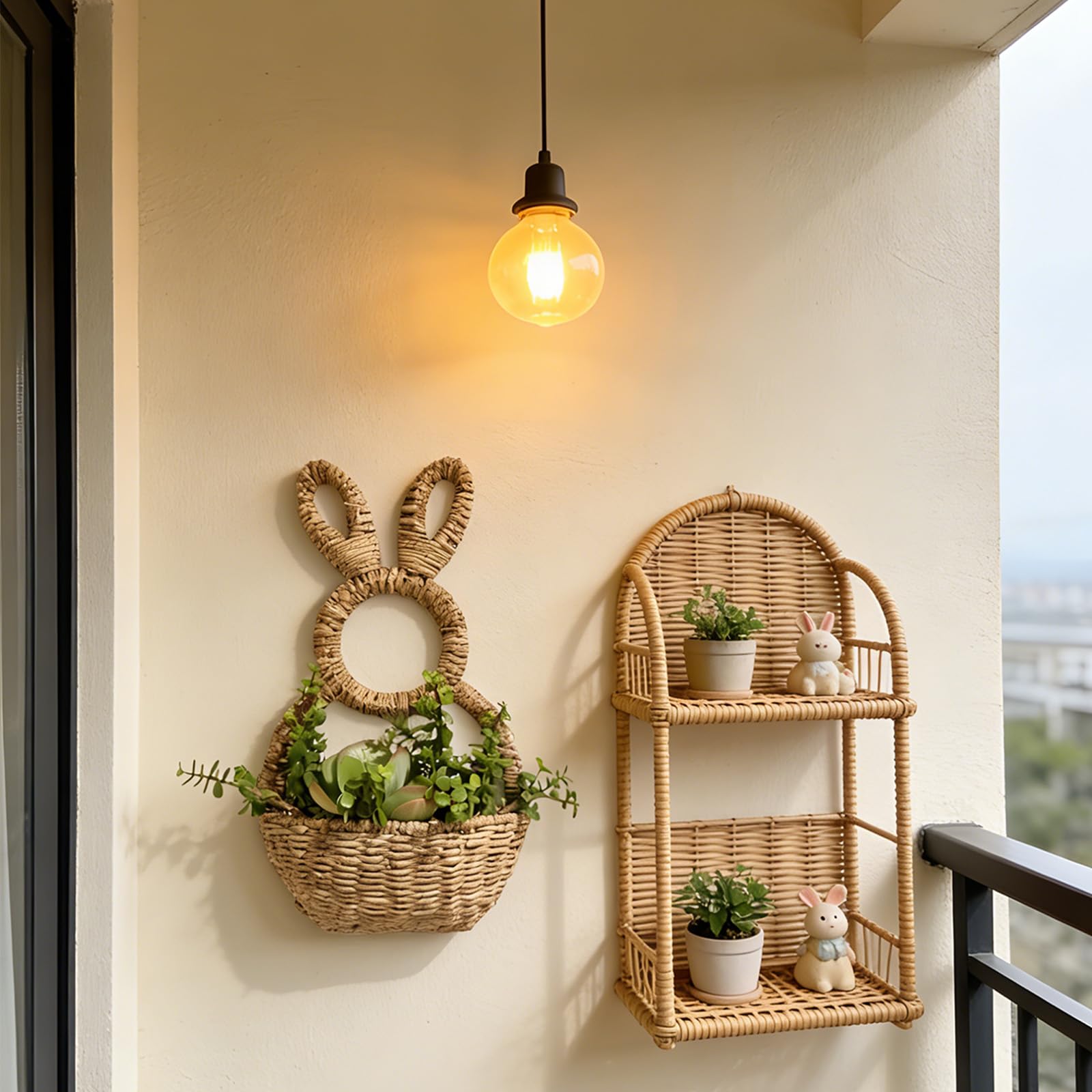 Panier de Lapins de Pâques en Osier Suspendu Mur, Panier de Pâques tissé à la Main, Ornement Suspendu pour décoration de Maison de Printemps Wicker Bunnies