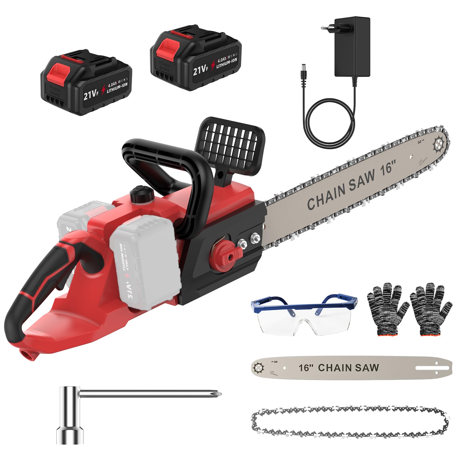 Motosierra eléctrica con batería de 16 pulgadas, 42 V (21 V*2), con 2 baterías de 4000 mAh, motor sin escobillas de 1800 W, lubricación automática de cadena, 40 cm de longitud de espada, para leña y