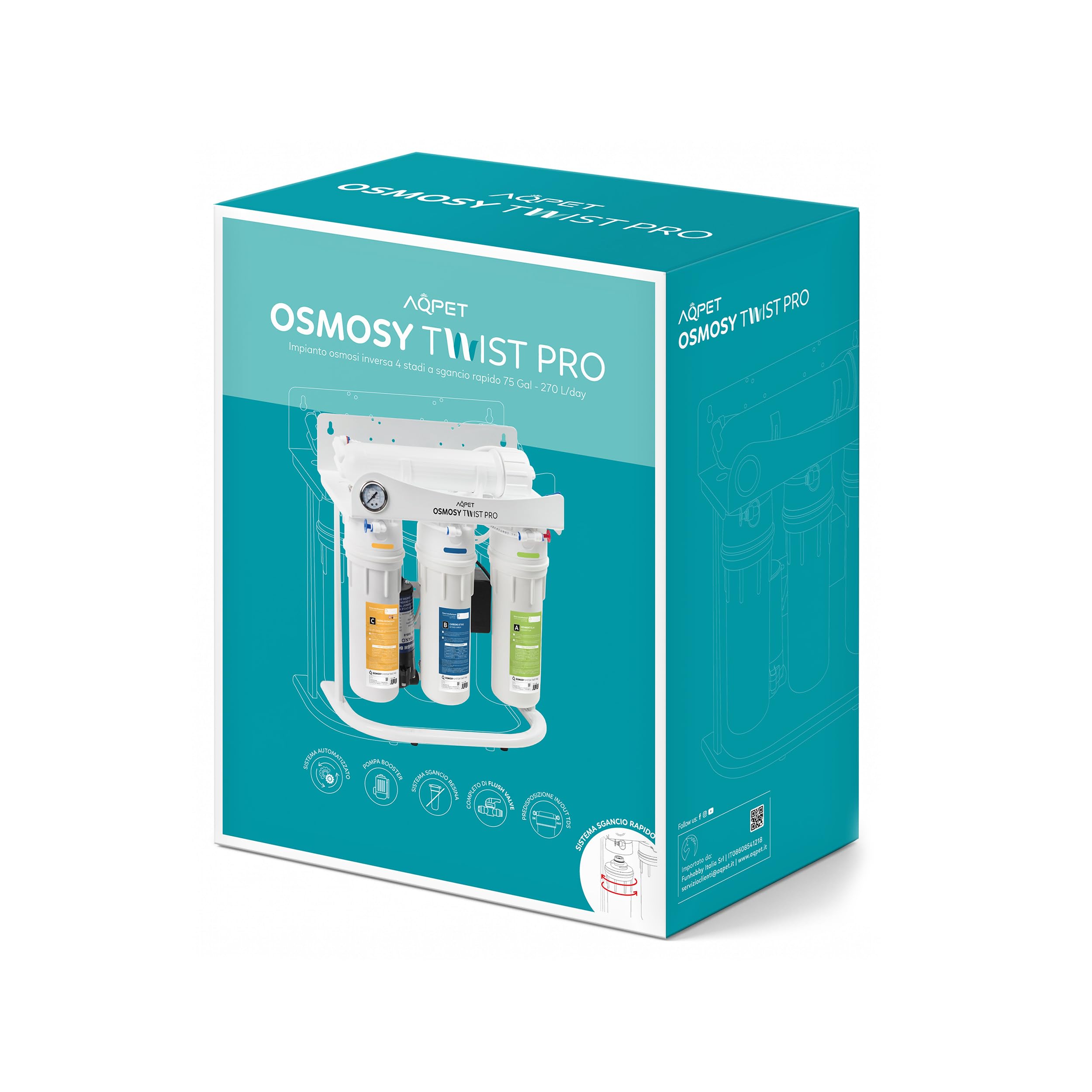 AQPET Impianto Osmosi Inversa 270 L/Giorno Professionale Twist PRO con Membrana Vontron, Sistema Twist a Sgancio Rapido, 4 Stadi con Resina Deionizzante, Flush Valve, Manometro e Predisposizione TDS