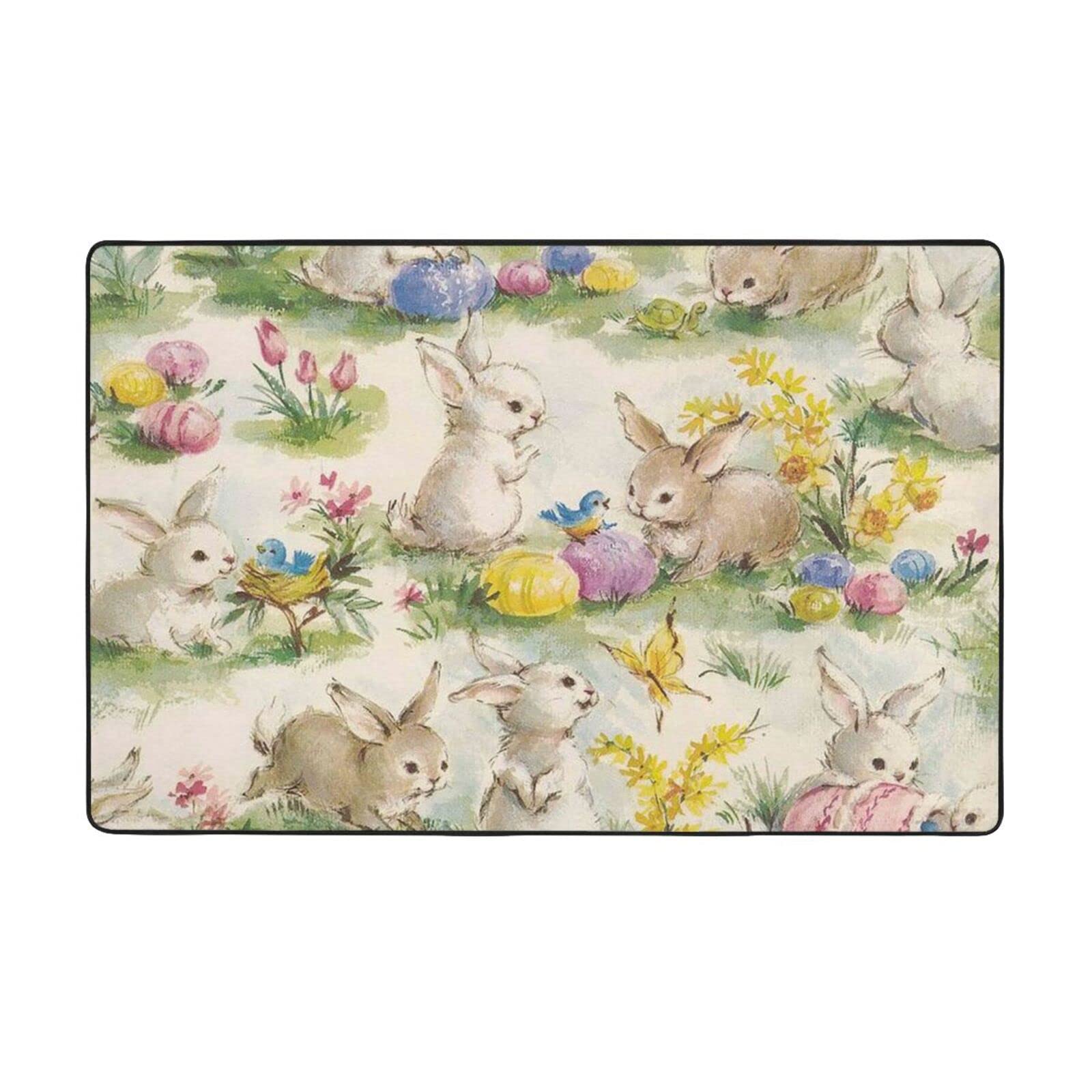 Tappeto da ingresso in legno con coniglio pasquale a forma di animale e mezzo rotondo, lavabile antiscivolo per corridoio interno, 91,4 x 61 cm