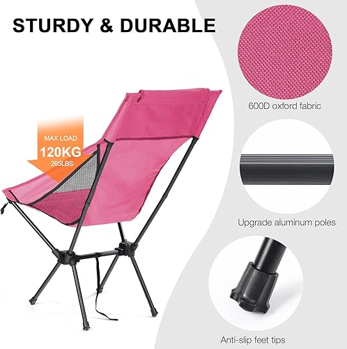 Miniatura 5 de Silla de camping portátil de respaldo alto, fácil de montar, sillas deportivas plegables para adultos, soporta 265 libras, sillas de césped al aire