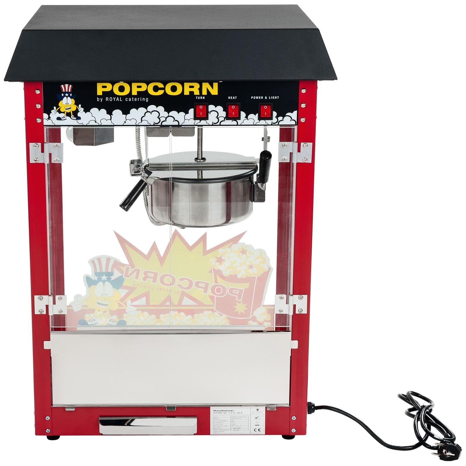 Royal Catering Machine À Popcorn Professionnelle RCPS-16E (1500 W, 5 Kg/Heure, 16 l/h, Marmite ø18 cm, Revêtement Antiadhésif, Rouge, Toit Noir)