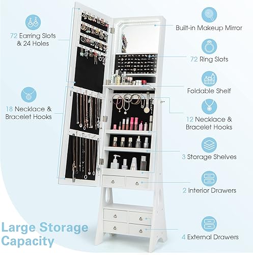Miniatura 3 de GOFLAME Joyero independiente armario de joyería con luz LED con espejo sin marco de longitud completa estante plegable 6 cajones gabinete de joyería