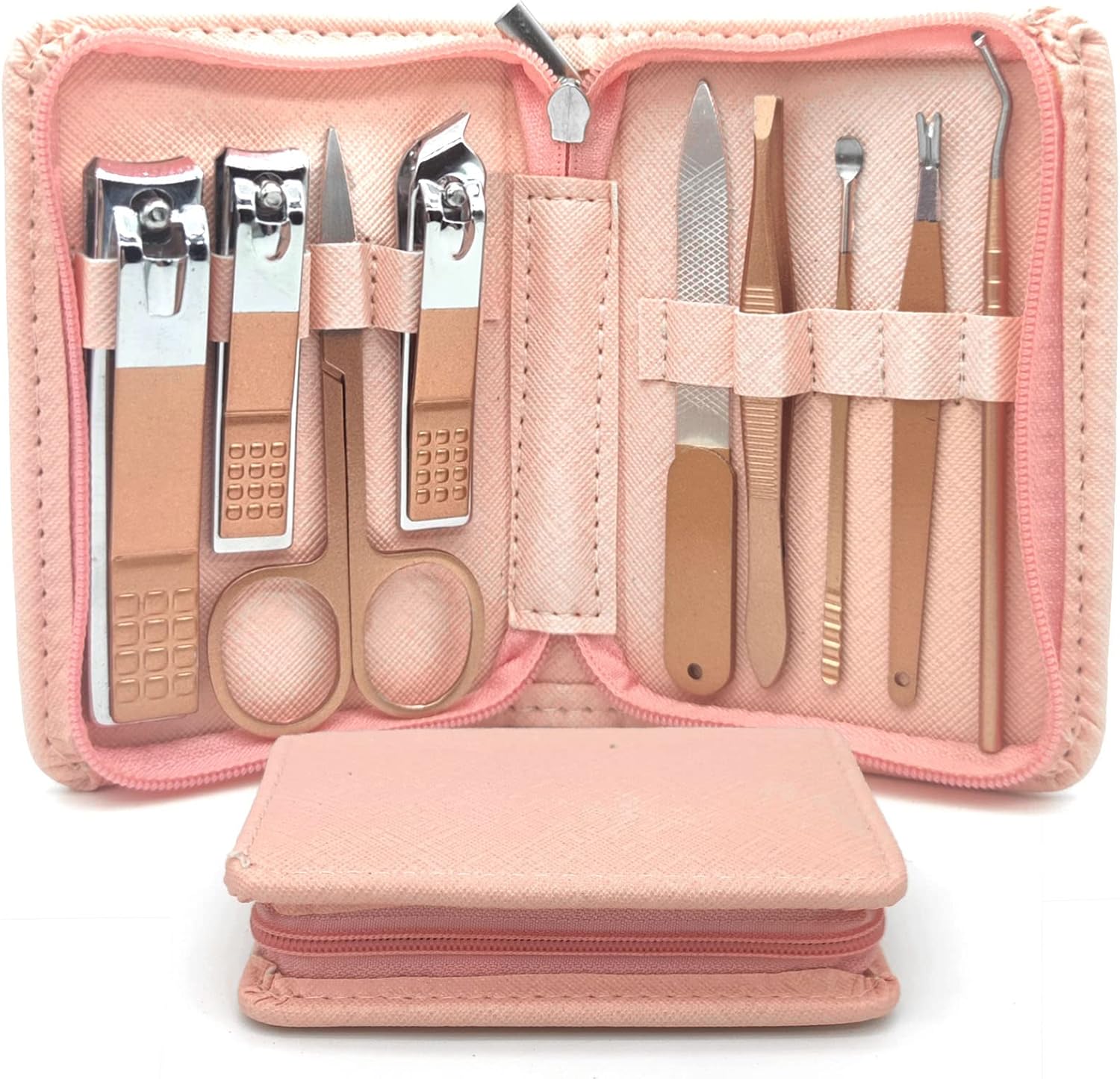 Nail Clippers Manicure Set – 9 In 1 Professional Stainless Steel Nail Scissors Grooming Kit For Women & Man Nail Care Tools Pedicure Kit With Pink PU Leather Zip Case For Travel & Home Gift（ROSE GOLD）