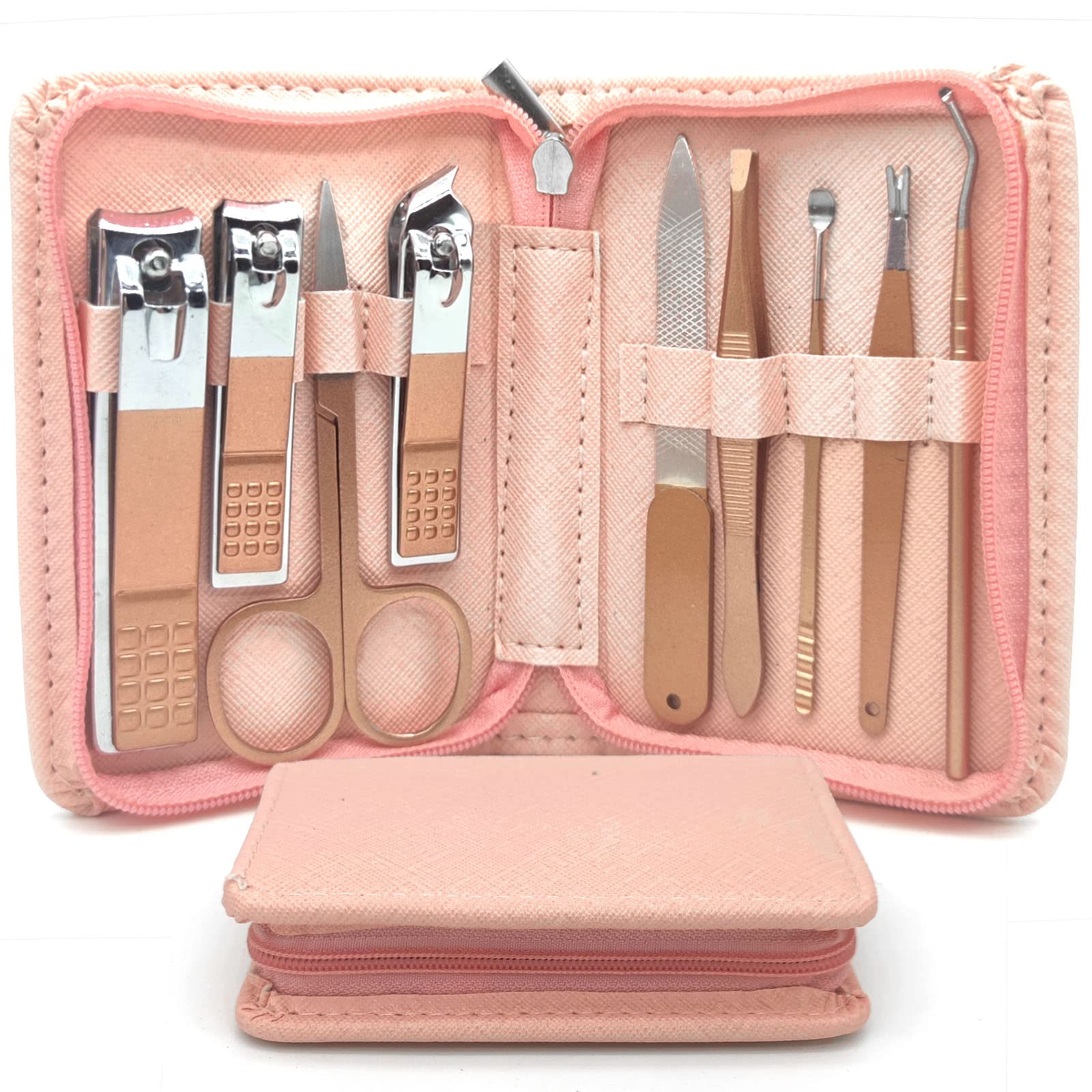 Nail Clippers Manicure Set - 9 In 1 Professional Stainless Steel Nail Scissors Grooming Kit For Women & Man Nail Care Tools Pedicure Kit With Pink PU Leather Zip Case For Travel & Home（ROSE GOLD）