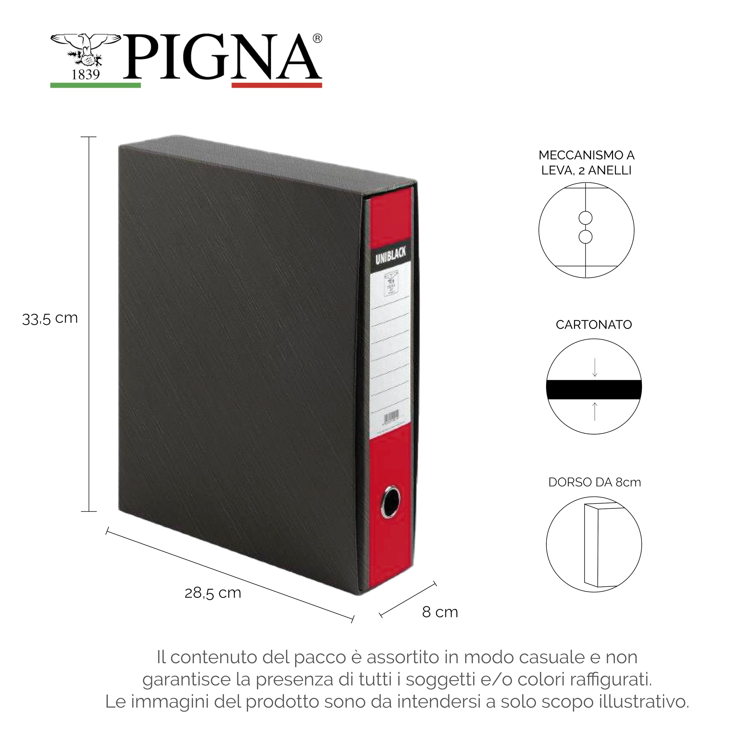 Pigna, classeur à dos 8 Uniblack, élégant et professionnel, idéal pour le bureau et l'étude, avec étui gris, format 28,5 x 33,5 x 8 cm, boîte de 12 pièces