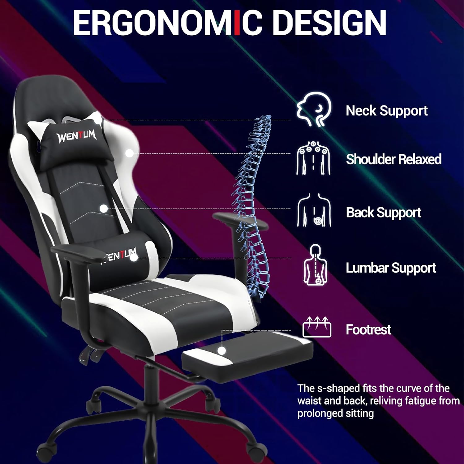 Gaming Chair with Footrest, Ergonomic PC Desk Chair with Headrest and Massage Lumbar Support, Video Game Chair w/Height Adjustable High Back for Home Office, White