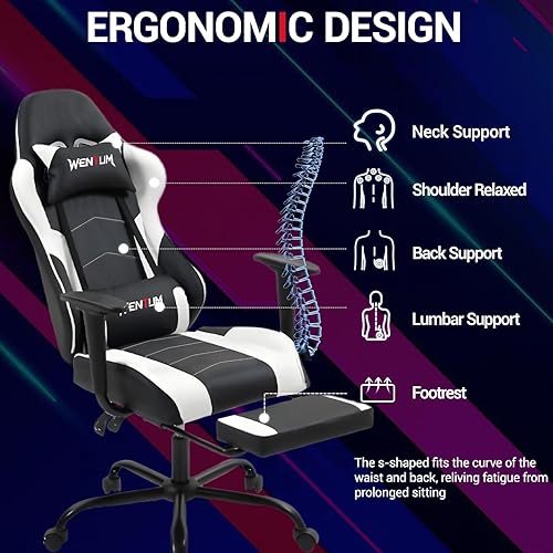 Miniatura 4 de Silla de videojuegos, silla de computadora con reposapiés y masaje, silla de piel sintética, soporte lumbar para hombres y mujeres, oficina en casa,