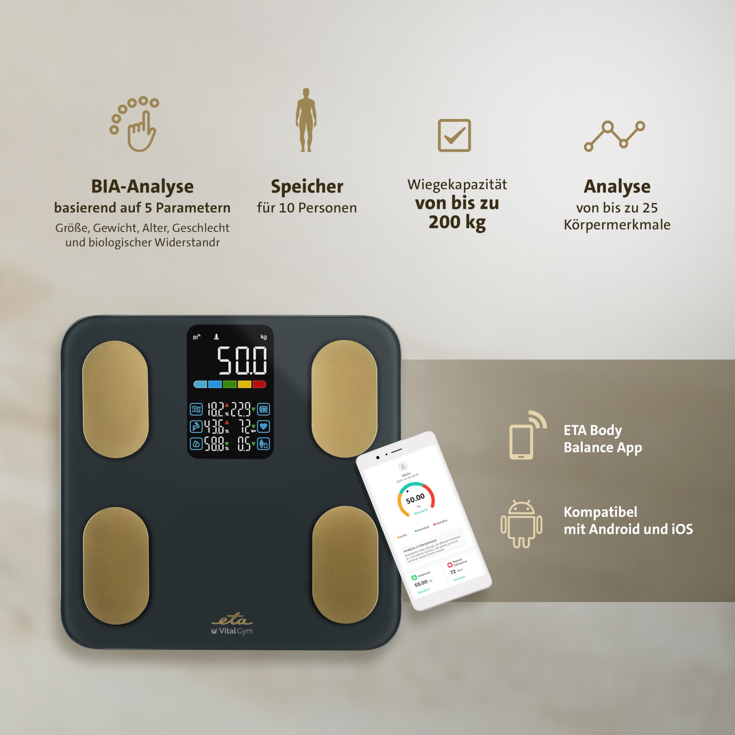 ETA Vital Gym Smart - Bilancia pesapersone intelligente, analisi diagnostica corporea, fino a 200 kg, grasso corporeo, massa muscolare, massa ossea e analisi dell'acqua, app Bluetooth, 10 utenti