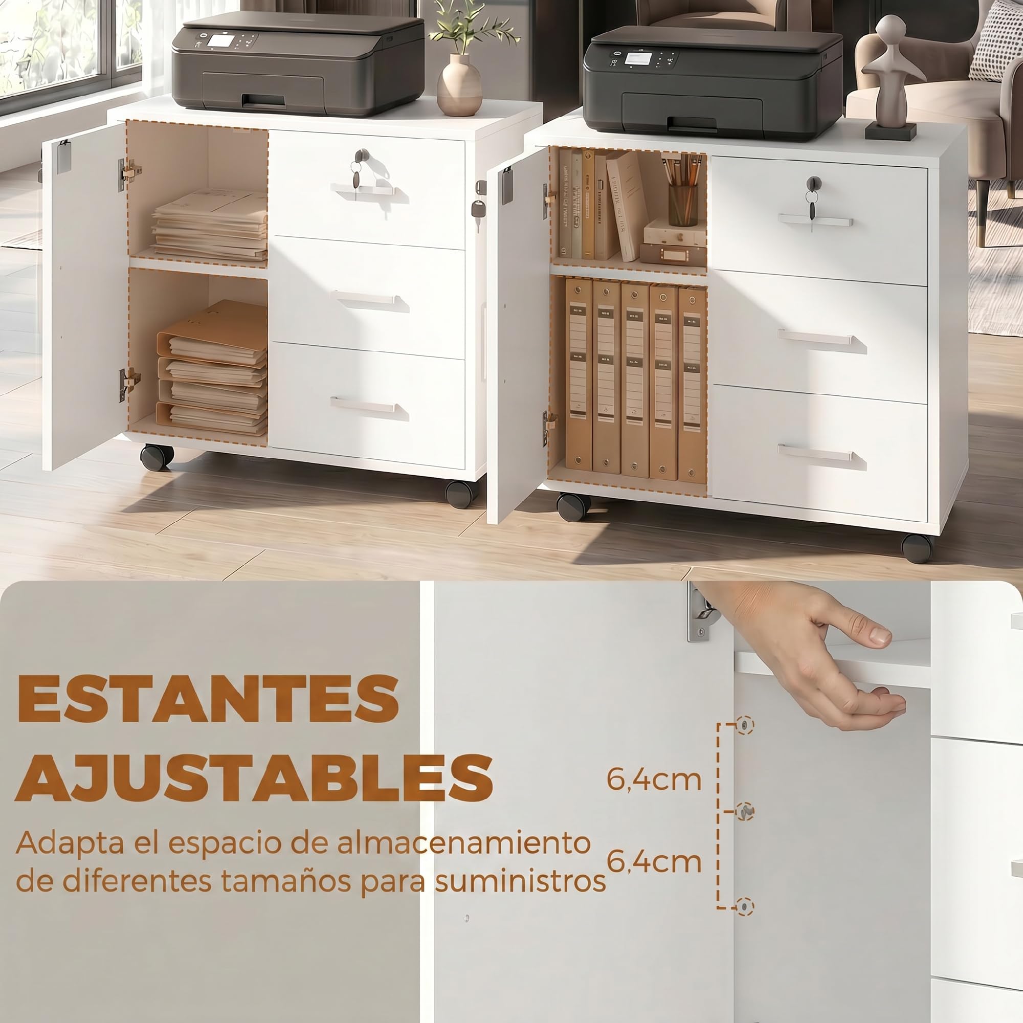 HOMCOM Mueble para Impresora con Ruedas Puerta 60x40x56 cm Blanco | Mesa para Impresora, 3 Cajones, Cerraduras, Estante Ajustable, Archivador Móvil para Oficina en Casa