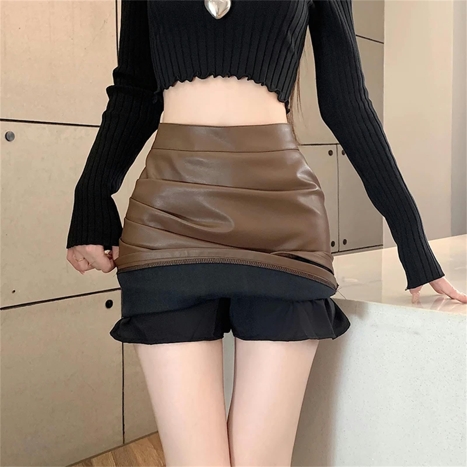 Gonna Lunga Donna Estate Mini Gonna in Pelle Sottile in Pelle Alta per Donne A Autunno Casual Matita-caffè-S