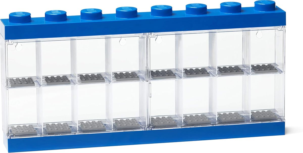 Estuche de exhibición de minifiguras LEGO 16 azul, espacio para 16 minifiguras | Contenedor apilable para pared o escritorio, perfecto para gabinetes de exhibición de oficina en el hogar Almacenamiento LEGO