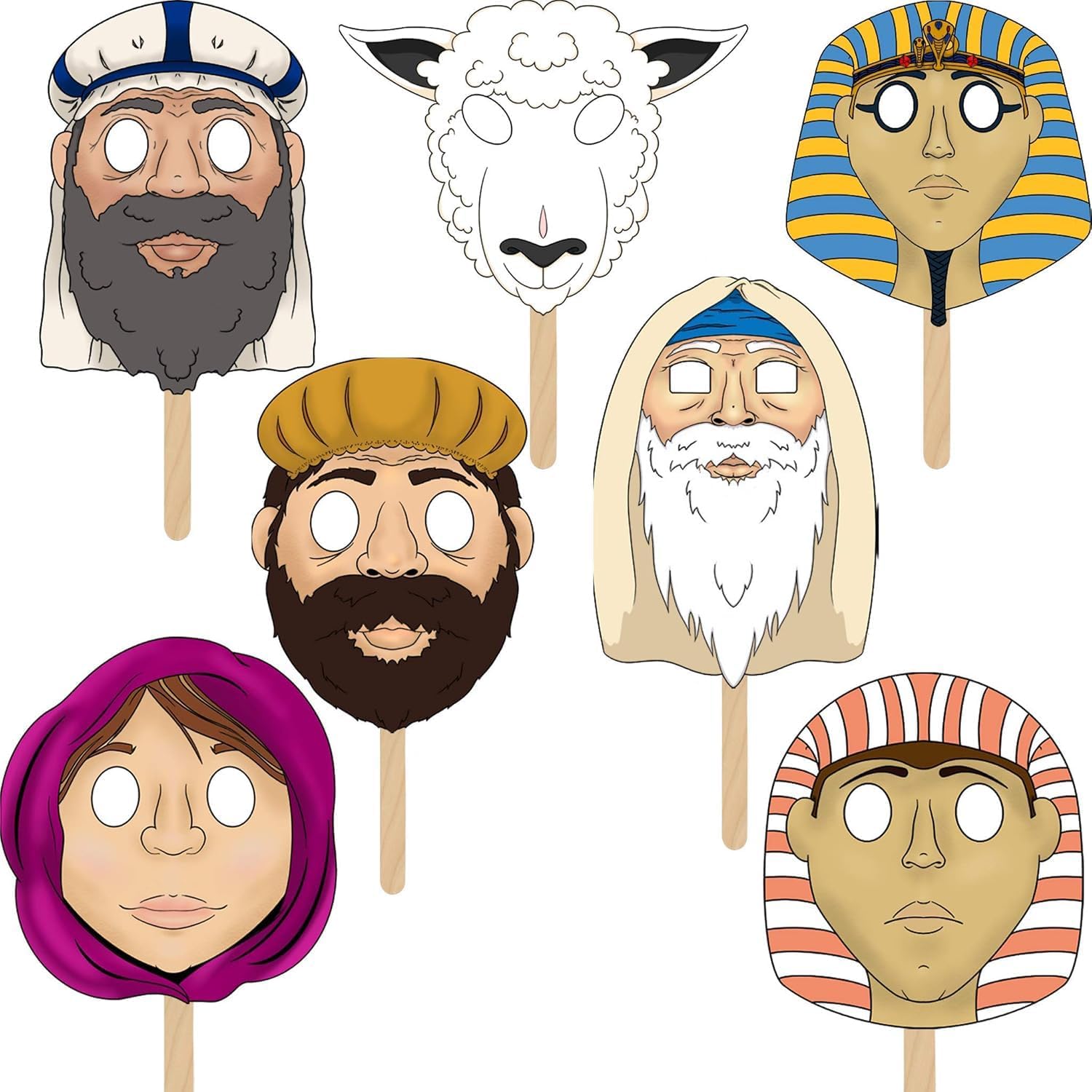 The Dreidel Company 10 Sets Passover Character Masks, Laminated Pesach Stick Puppets for Seder, 7 Masks Per Set