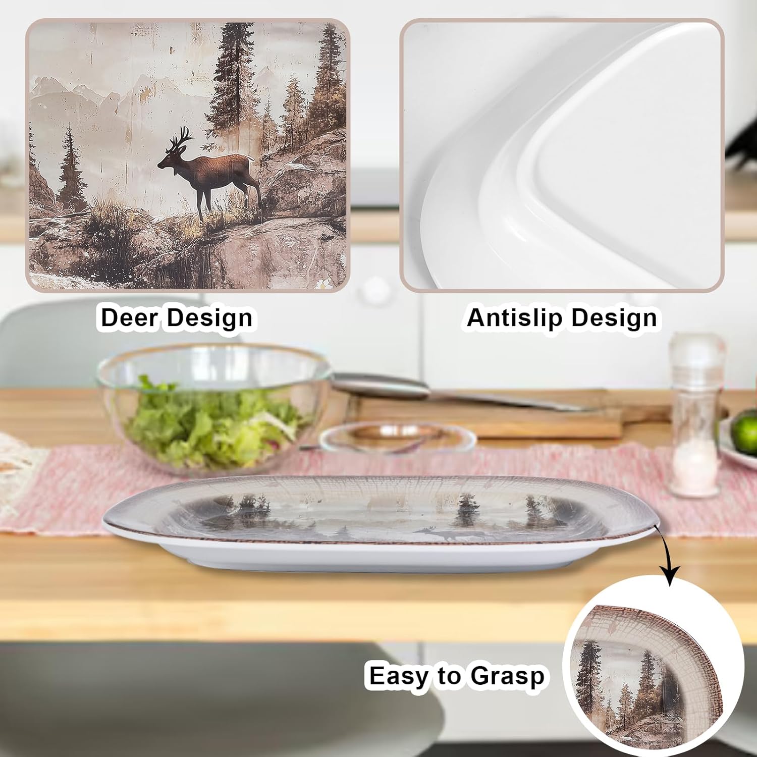 2 Pack Extra Large 17.5 Inch Deer Serving Trays – Reusable Melamine Platters for Parties, Snacks, Fruit & Cookies, Durable Food Serving Dishes for Pantry Organization & Kitchen Use Deer