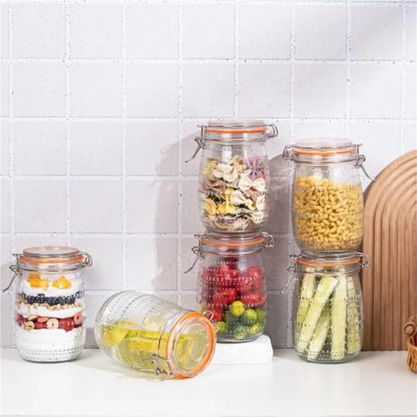 Paquete de 6 tarros cristal con tapas herméticas, conservas boca ancha superiores Clip for almacenamiento cocina, ensalada encurtida para Cocina