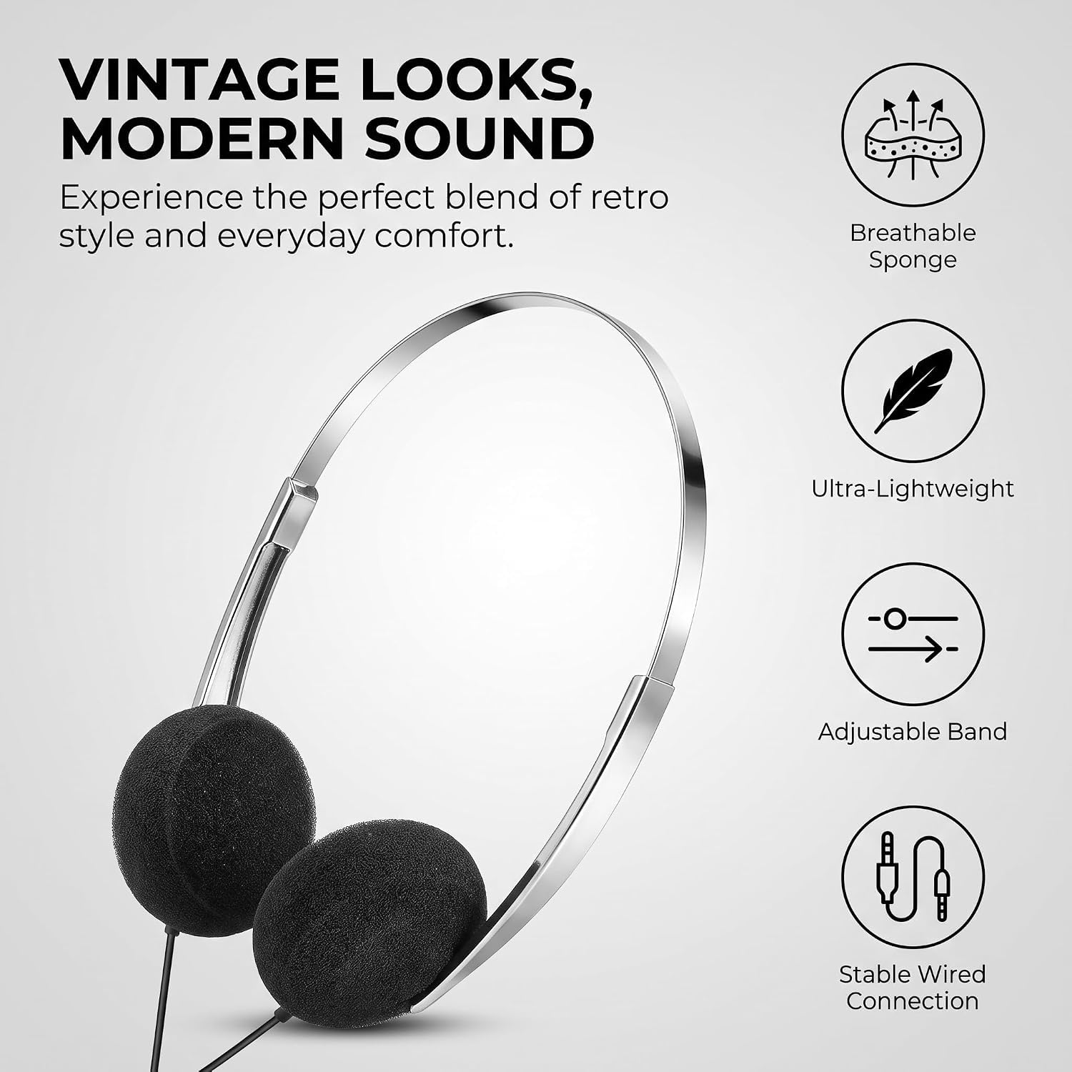 Audífonos ligeros retro, auriculares sobre la oreja, auriculares con aros vintage Feelings, auriculares estéreo de alta fidelidad, auriculares para la mayoría de teléfonos móviles