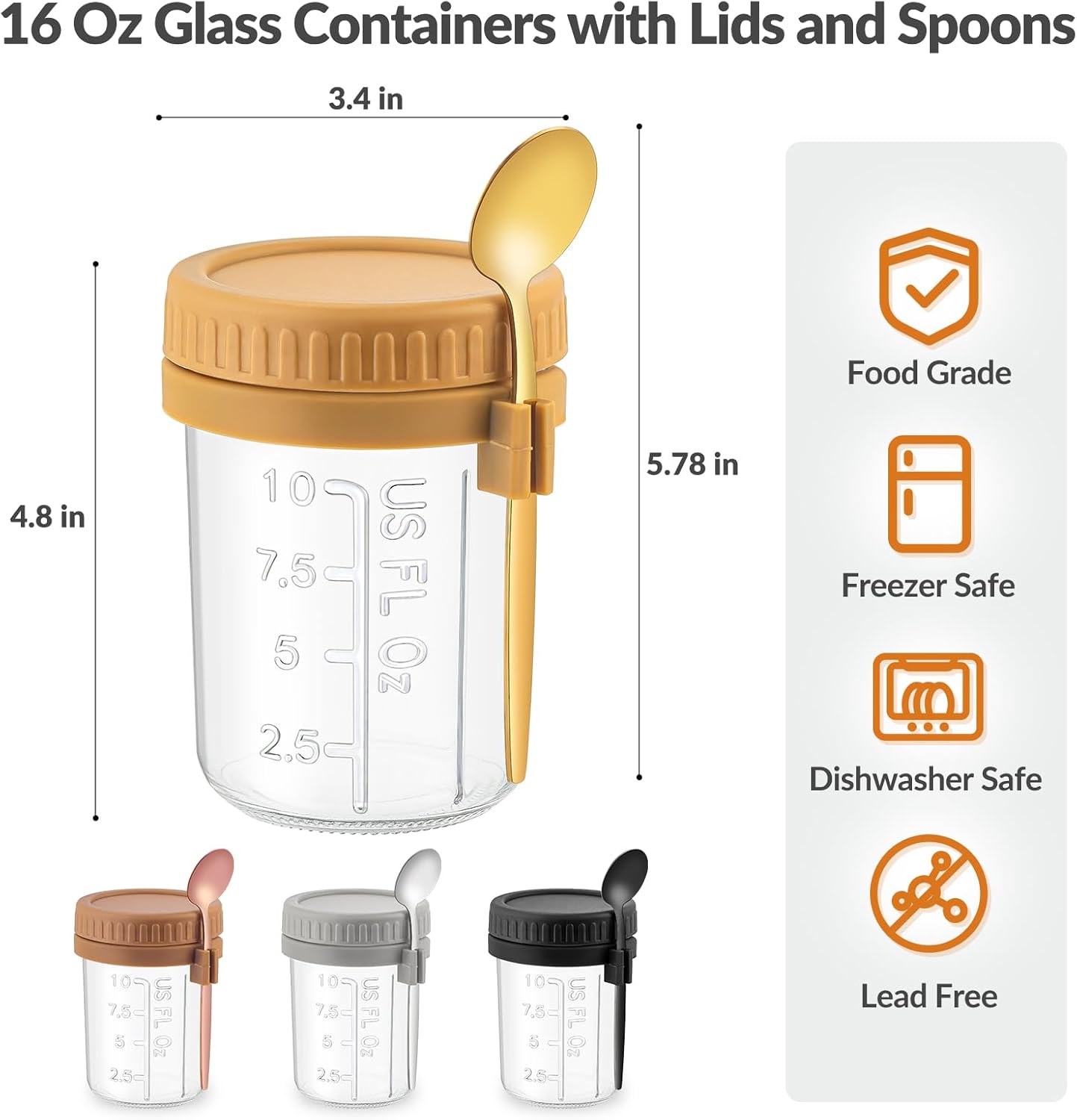 DRKIO 4 Pack Overnight Oats Containers with Lids and Spoons 16 Oz Glass Mason Jars for Overnight Oats Jars Leak Proof Oatmeal Container Great for Cereal Fruit Vegetable Milk Salad Yogurt Meal Prep - Image 2