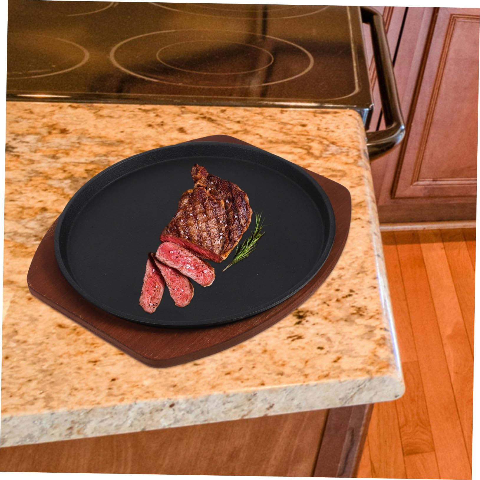 Plancha de Hierro Fundido para Asar Redonda Base de Madera Sartén para Bistec con Calentamiento Uniforme Bandeja Resistente para Barbacoa y Cocina Casa