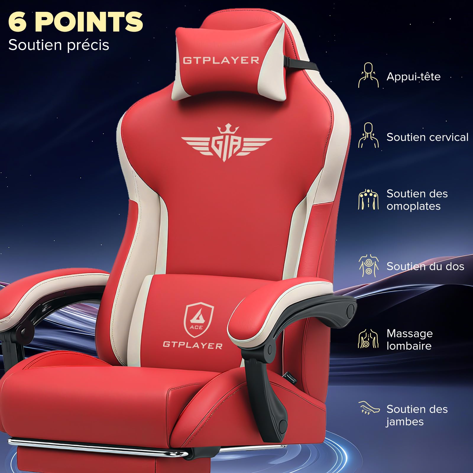 GTPLAYER Chaise Gaming Ergonomique, Fauteuil de Bureau avec Dossier Réglable et Élargi, Appuie-tête et Soutien Lombaire, Hauteur Réglable, Charge 150 kg, en Tissu Technique, Rouge