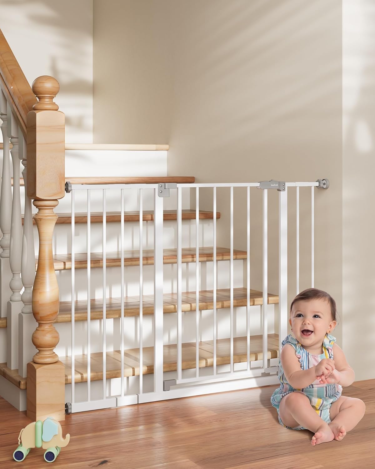 InnoTruth 28.9-45.3" Baby Gate for Stairs, 19" Walk Thru Gate-Easy to Pass Carrying Baby, 30" Tall Dog Gates for Doorways One-Hand Open, Easy Install Toddler Gate for Room,White White 28.9-45.3" W x 30" H