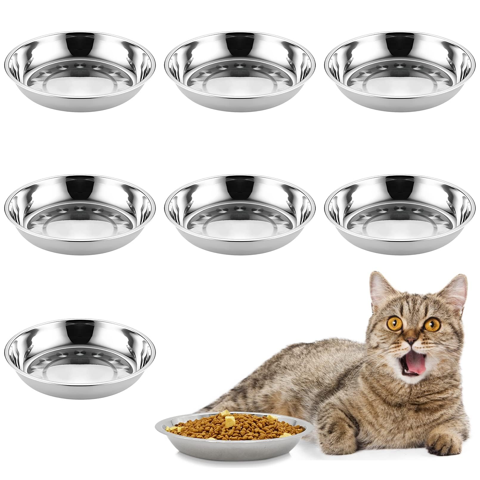 kathson 8 Pcs Stainless Steel Cat Food Bowls, Replacement Whisker Relief Cat Metal Dishes, Shallow Wide Cat&Dog Food and Water Bowl Suitable for Pet