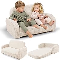 LittleDove 2-in-1 Sherpa Kids Couch: Convertible Toddler Sofa Bed to Lounger, Extra Wide High-Density Foam Chair for Ages 3+ Beige