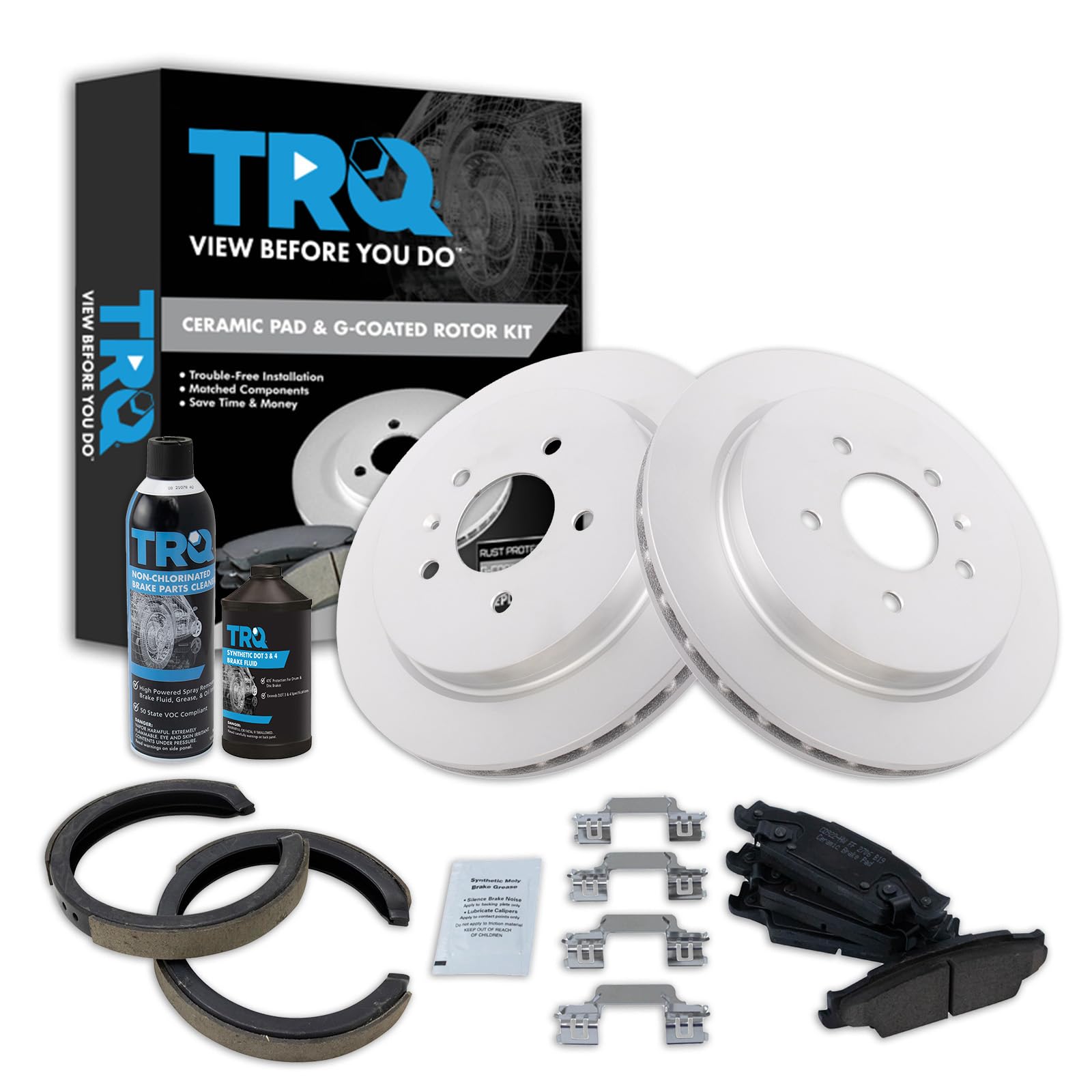 TRQ Rear Brake Pad &amp; Rotor Kit, with Chemical Kit Parking Brake Shoe Set Ceramic Premium G-Coated Compatible with 2005-2010 Cadillac STS