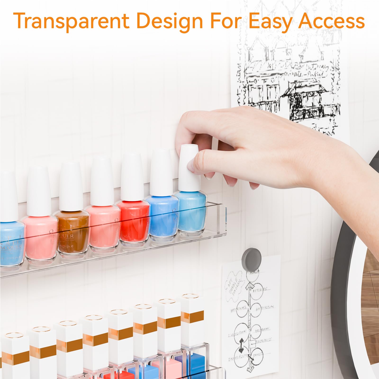 Cq - Organizer per smalti in acrilico da parete, 6 confezioni da 72 bottiglie per nail tech, organizer per unghie e conservazione, per nail tech, 45 cm