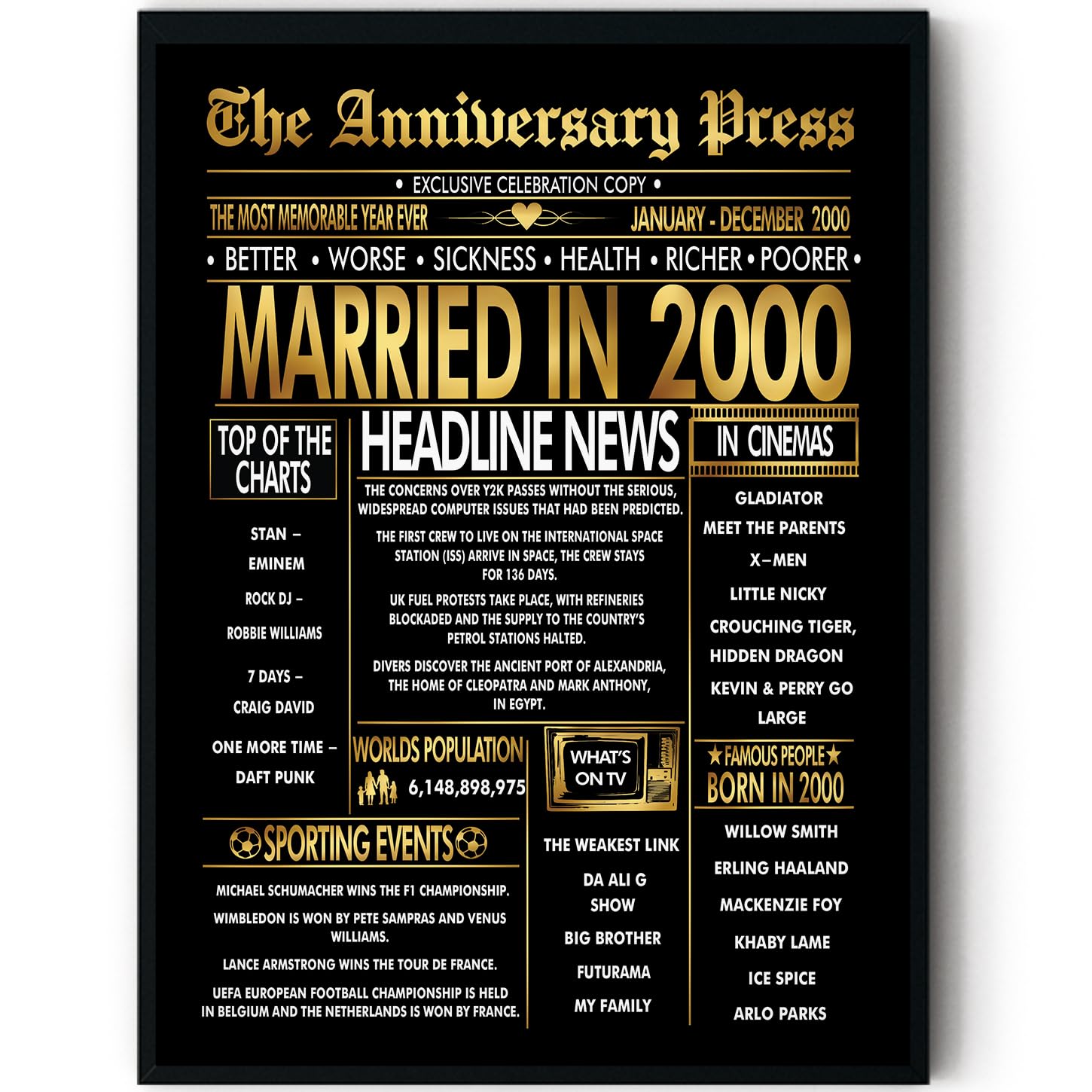 Stuff4 Men's 2000 Gold 26Th Anniversary Poster Framed - Golden Married In Newspaper - 26 Anniversary For Wo Retro Vintage Gifts Back In 8X10 Inch Bday Party Decor Decoration