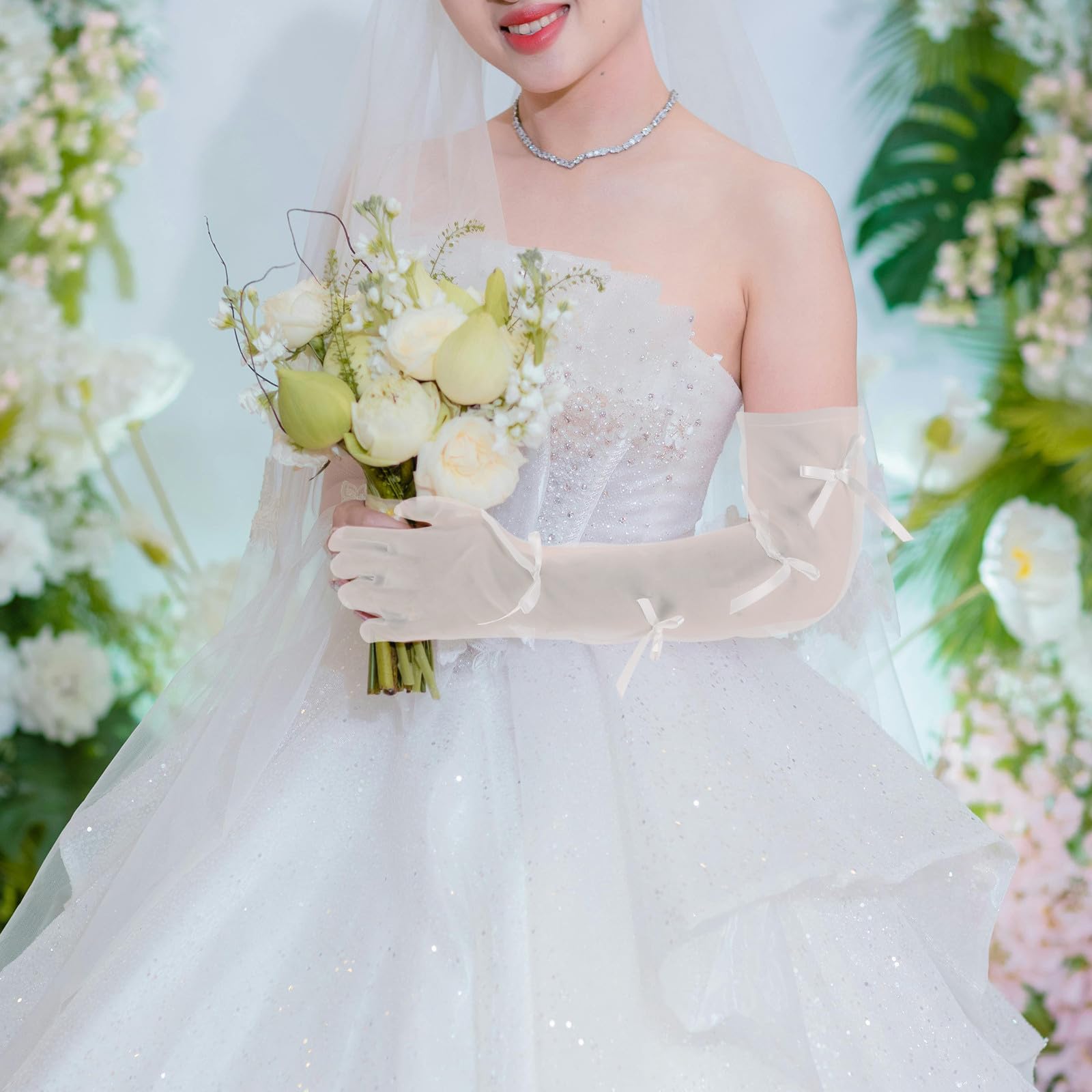 Healvian 2 Paia Guanti da Sposa Lunghi in Nailon con Fiocco, Eleganti Donna