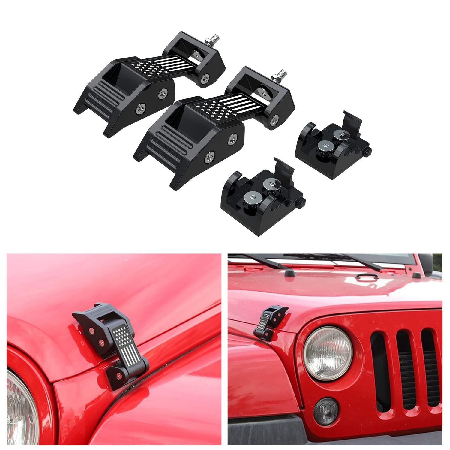 Zestaw zaczepów maski z aluminium do Jeep Wrangler JK JKU 2007-2018 i Jeep Wrangler JL JLU Gladiator JT 2018-2023