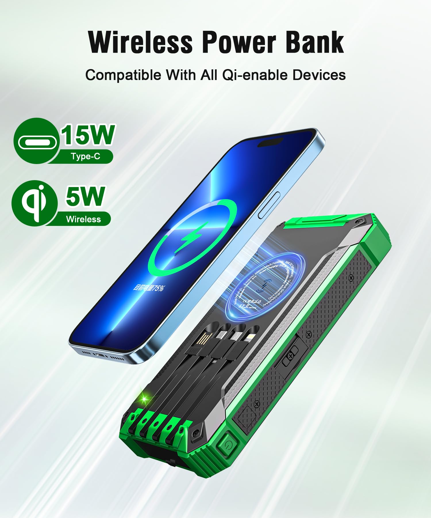 Wireless Power Bank Solare 26800mAh con 4 Cavi, USB-C 15W Ricarica Rapida | Caricabatterie Solare Portatile, Batteria Esterna 6 Uscite 3 Ingressi per Telefono, Power Bank con Torcia, Moschettone