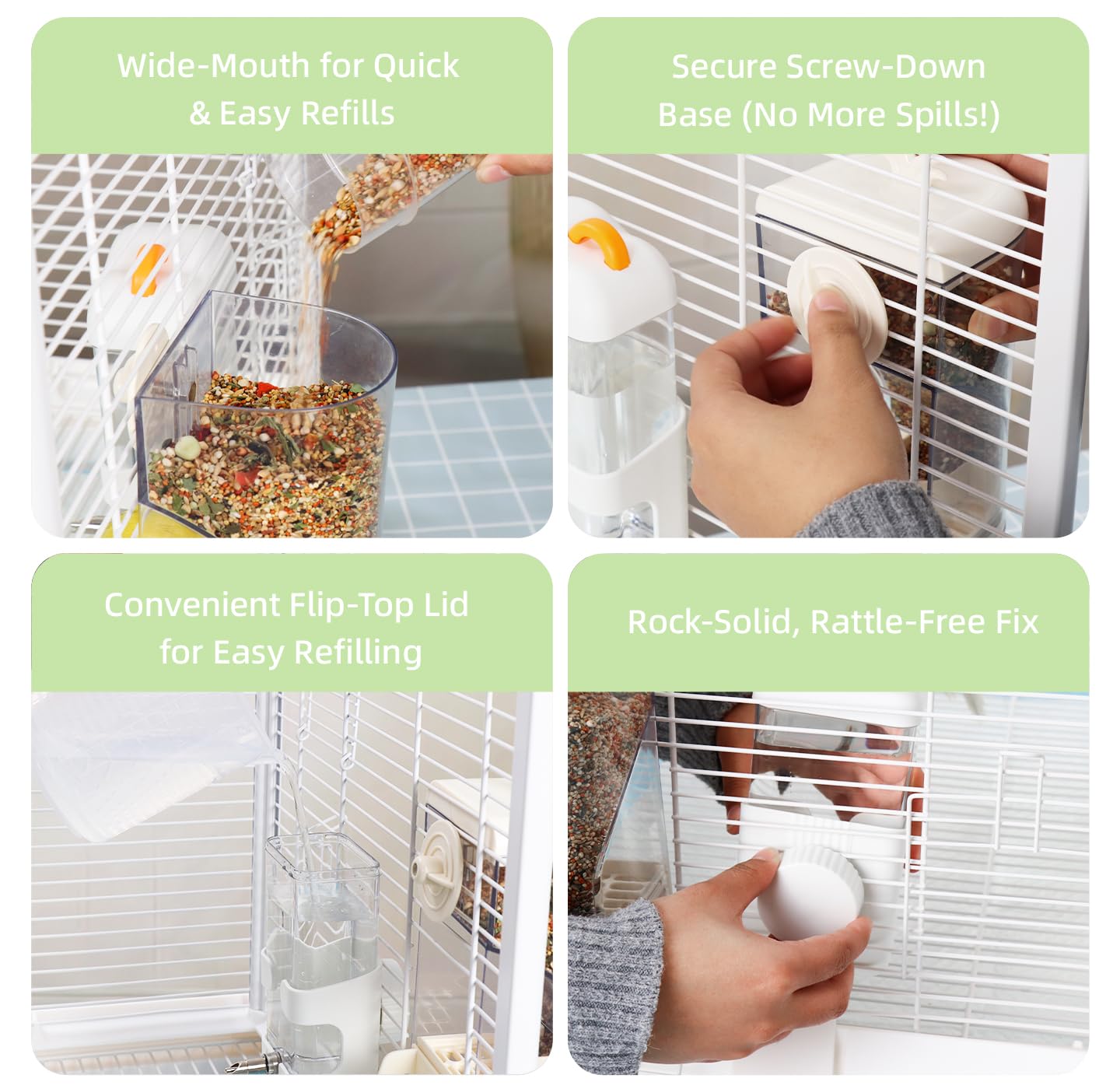 No-Mess Bird Feeder & Waterer Set for Cage, 300ml Auto Feeder with Seed Hull Catcher & 400ml Stainless Steel No-Backflow Drinker, for Cockatiels Conures Parakeets - image 7