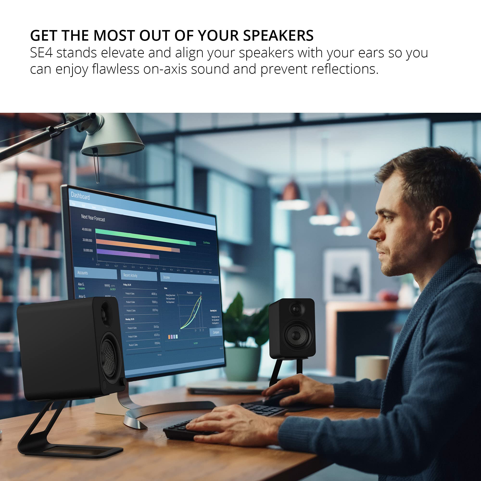 Kanto SE4 Elevated Desktop Speaker Stands for Medium Bookshelf Speakers & Mid-Size 3”-4” Studio Monitors | 5.6” Tall | Supports 9 lbs | Damping 2.0 mm Silicone Padding | ¼”-20 Mounting | Black | Pair