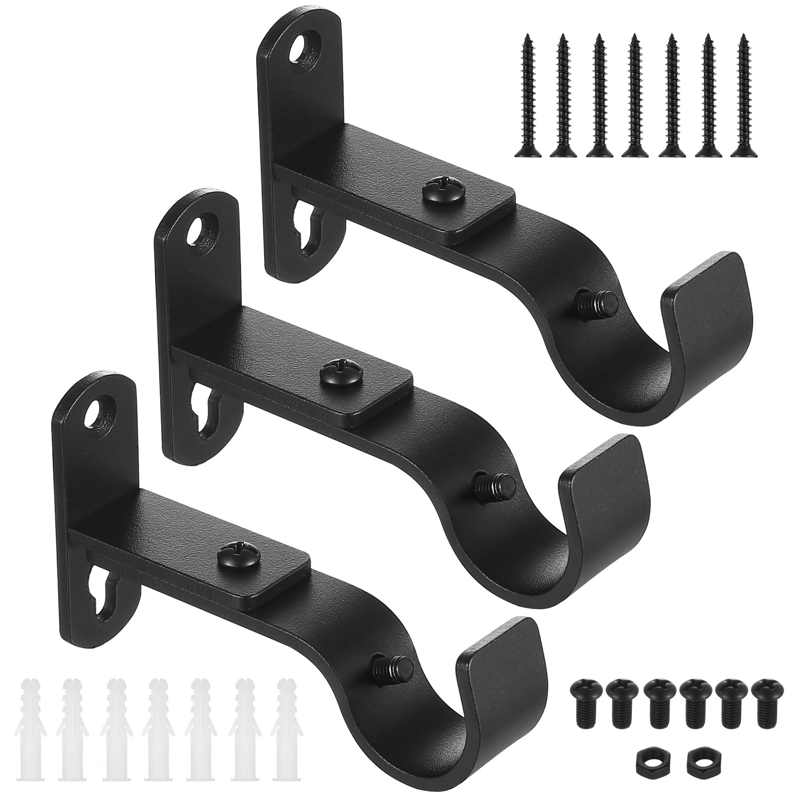 3 Pcs Adjustable Curtain Pole Brackets,Black Metal Curtain Pole Holders