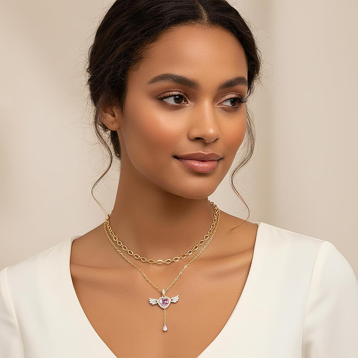 Angel Heart Necklace for Women Trendy,14k Gold Plated Dainty Layered Necklaces Set Cubic Zirconia Love Drop Pendant with Movable Wings Personalized Choker Chain Jewelry Gifts for Her - Image 3
