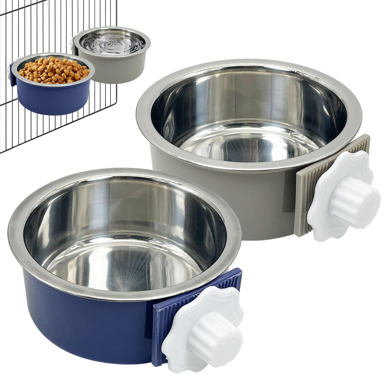 Tfwadmx 2 Pcs Crate Dog Bowl Cat Removable Stainless Steel Food and Water Feeder Hanging Cage Bowls Coop Cup with Cleaning Set for Pet Puppy Bird Rat Guinea Pig Bunny Rabbit (Dark Blue, Gray)